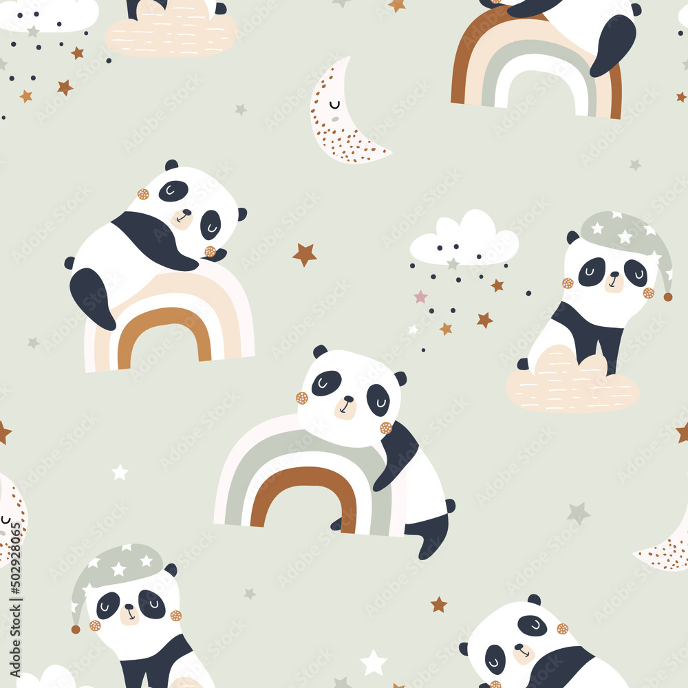 Seamless pattern with cute sleeping pandas on rainbows, moon, clouds. Creative good night background. Perfect for kids apparel,fabric, textile, nursery decoration,wrapping paper.Vector Illustration