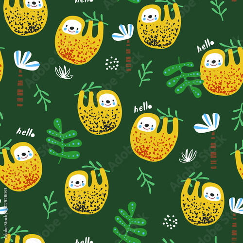 Seamless childish jungle pattern with baby sloth jungle florals. Perfect for fabric,textile. Creative Vector green background