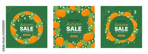 Set of autumn pumpkin frames with leaves and seeds. Flat, vector