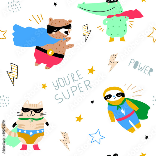 Seamless pattern with hand drawn bear super hero, sloth, cat,crocodile. Creative childish texture in scandinavian style. Great for fabric, textile Vector Illustration