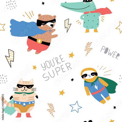 Seamless pattern with hand drawn bear super hero, sloth, cat,crocodile. Creative childish texture in scandinavian style. Great for fabric, textile Vector Illustration