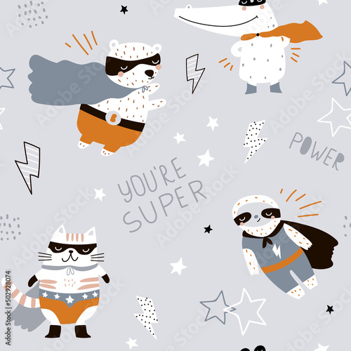 Seamless pattern with hand drawn bear super hero, sloth, cat,crocodile. Creative childish texture in scandinavian style. Great for fabric, textile Vector Illustration