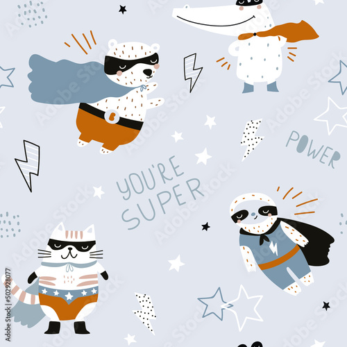 Seamless pattern with hand drawn bear super hero, sloth, cat,crocodile. Creative childish texture in scandinavian style. Great for fabric, textile Vector Illustration