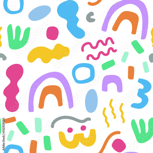 Creative hand drawn abstract shapes texture. Seamless artistic pattern with different form shapes. Great for fabric, textile, walloper, digital papers.