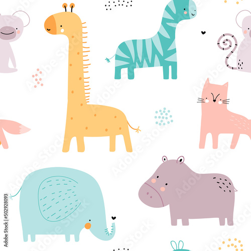 Seamless childish pattern cartoon with giraffe, cat, elephant, zebra, monkey, rhino. Funny zoo texture. Perfect for fabric, textile. Creative Vector background