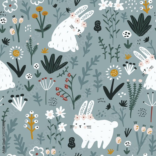 Seamless childish floral pattern with cute hand drawn rabbits. Creative kids hand drawn texture for fabric, wrapping, textile, wallpaper, apparel. Vector illustration