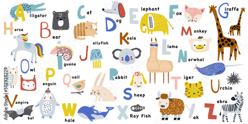 Cartoon abc childish collection. Letters with cute animals. Alphabet decorative. Great for education, poster, wall art. photo