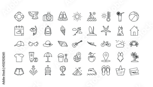 Summer line icon set, collection of travel symbols, vector sketches, logo illustrations, beach icons, tourist signs, linear pictogram package isolated on a white background
