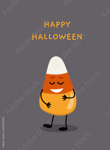Happy Halloween Candy Corn card. laugh. Candies, sweets. Flat, cartoon, vector