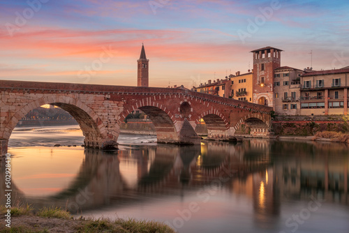 Verona, Italy Town Skyline on the Adige River with Ponte Pietra © SeanPavonePhoto