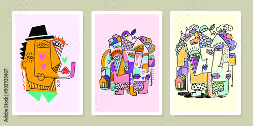 A set of abstract face portrait man,woman,person character vector illustration.