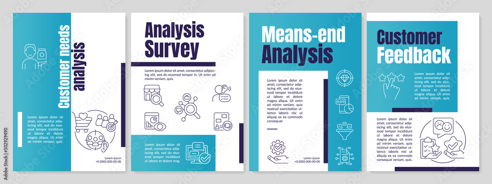 Customer needs analysis blue brochure template. Marketing strategy. Leaflet design with linear icons. 4 vector layouts for presentation, annual reports. Anton, Lato-Regular fonts used