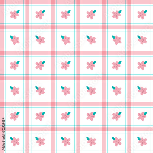 Cute Sakura leaf Element Pink Blue Stripe Striped Line Tilt Checkered Plaid Tartan Buffalo Scott Gingham Pattern Illustration Wrapping Paper, Picnic Mat, Tablecloth, Fabric Background