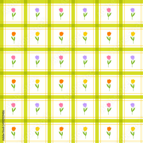 Cute Tulip leaf Branch Stalk Stick Element Pink Purple Lilac Violet Yellow Orange Green Stripe Striped Line Tilt Checkered Plaid Tartan Buffalo Scott GinghamPattern Illustration Wrapping Paper, Picnic