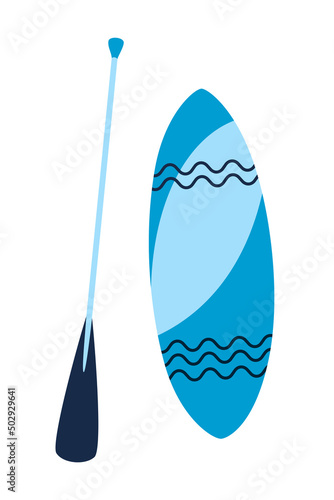 Surf or sup board with paddle. Flat vector cartoon illustration, clipart.