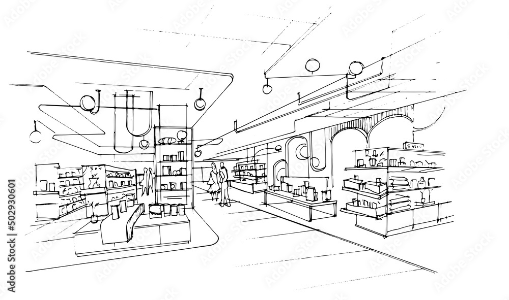 Area of general merchandise stores sketch drawing,Modern design,vector,2d illustration