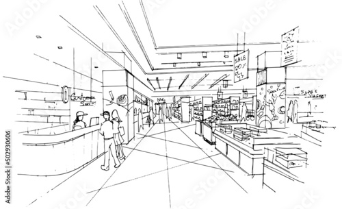 supermarket area sell various products sketch drawing,Modern design,vector,2d illustration