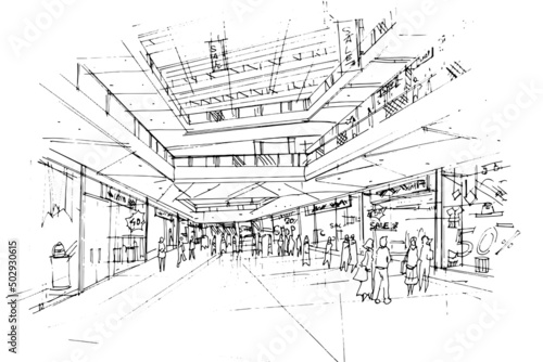 mall sketch drawing,Fashion shops and people walking around.,Modern design,vector,2d illustration