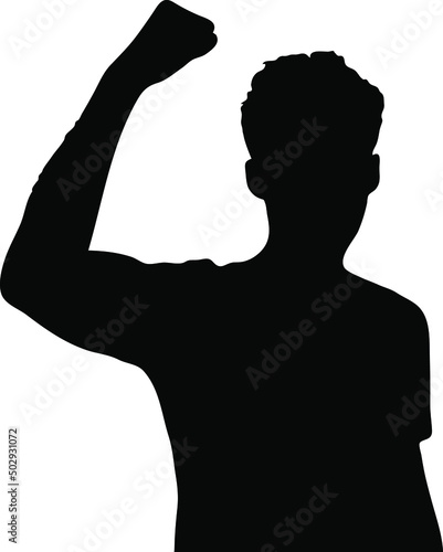 Joying young man vector silhouette, raised fist for happiness, isolated on white background, rejoicing concept