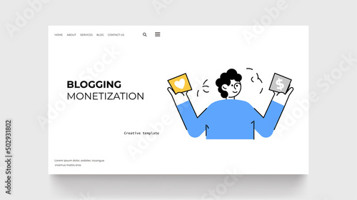 Blogging monetization concept. Character in outline style with different icon.