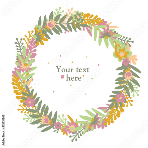 Wreath. Flower scandinavian doodle autumn or summer wreath with flowers and leaves. Isolated