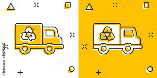 Garbage truck icon in comic style. Recycle cartoon vector illustration on white isolated background. Trash car splash effect sign business concept.