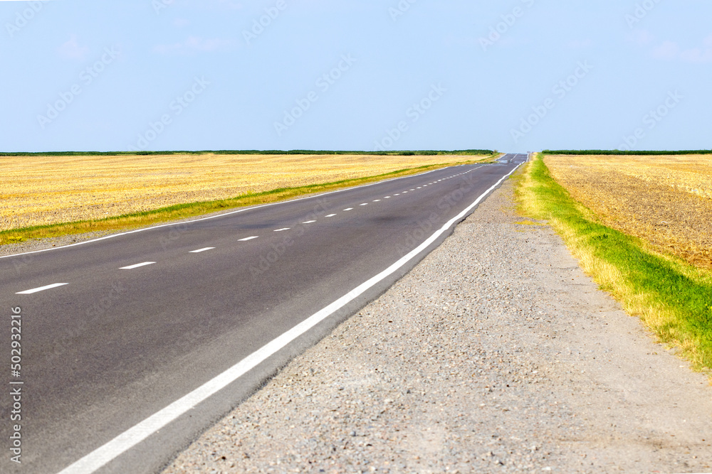 Fototapeta premium Asphalt road with road markings between the fields is directed from left to right and up diagonally.