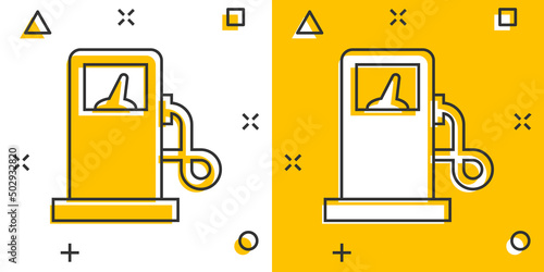Fuel pump icon in comic style. Gas station cartoon sign vector illustration on white isolated background. Petrol splash effect business concept.