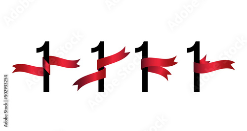 Set of number 1 symbols with red ribbons on white background. Award ribbon.  Design element for greeting card, anniversary event, promotion.