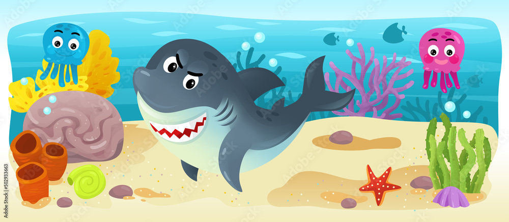 Obraz premium Cartoon ocean and the mermaid underwater swimming
