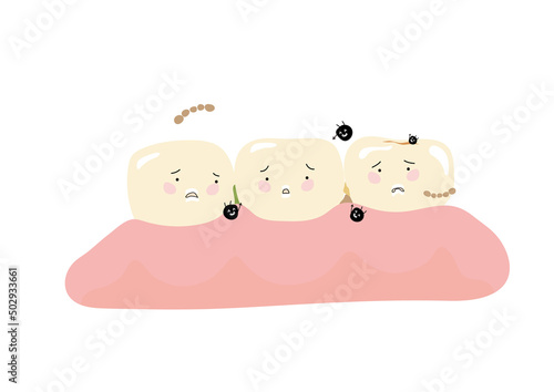 歯と歯の間に食べ物が詰まっていて菌に絡まれている歯
