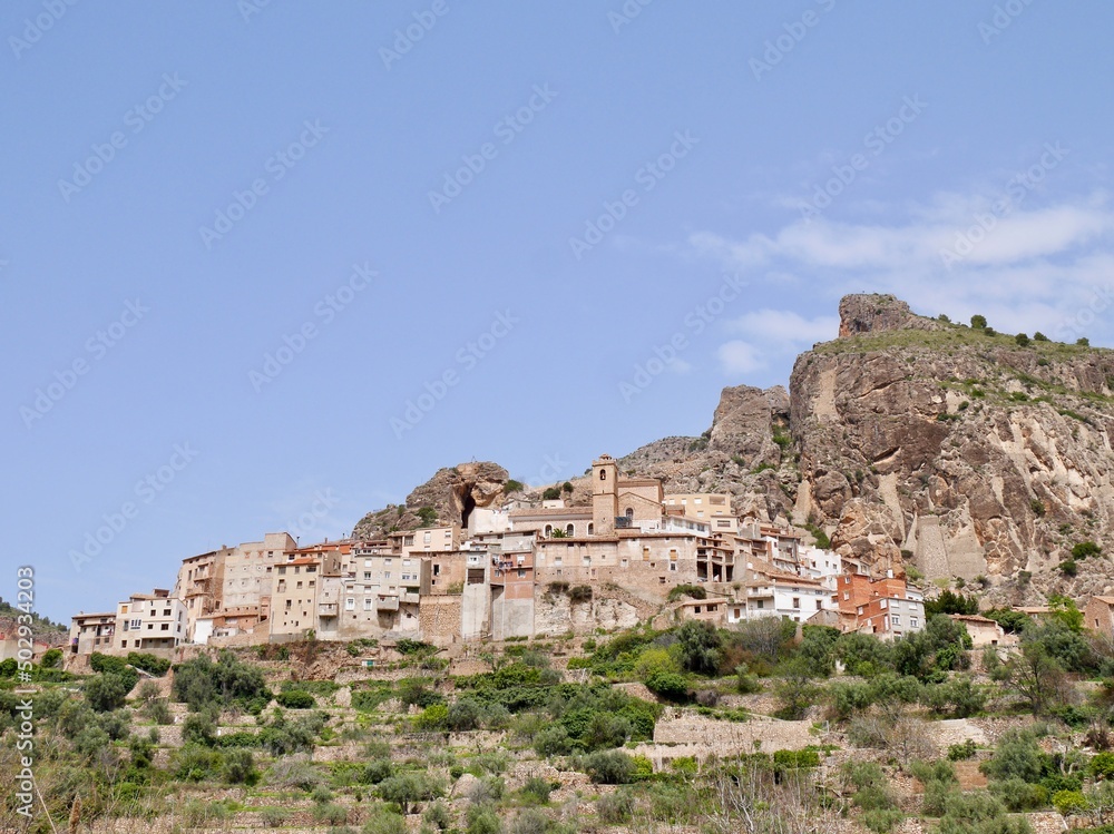 Panoramic view of Ayna, charming town nestled in the Sierra mountains. Castile La Mancha, Spain.
