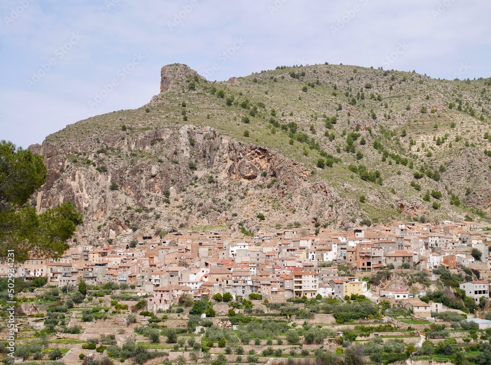 Panoramic view of Ayna, charming town nestled in the Sierra mountains. Castile La Mancha, Spain.