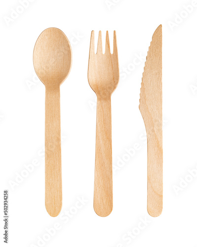 Disposable wooden cutlery on a white background. Environmentally friendly materials. © yalcinsonat