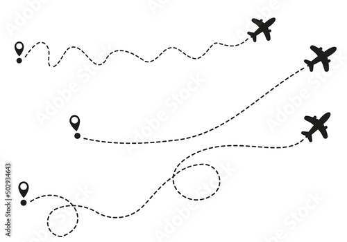 Airplane routes on white background. Romantic travel concept. Airplane line path, vector icon of air plane flight route on white background. Vector illustration.