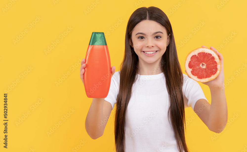 presenting cosmetic product for teen. kid use shower gel. shampooing long hair in salon. presenting cosmetic product for teen. kid use shower gel. shampooing long hair in salon.