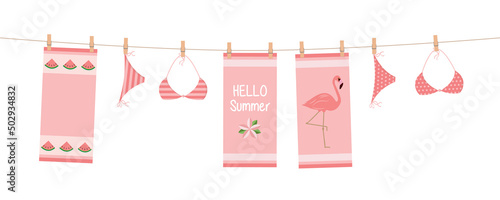 happy summer holiday banner pink lady design with hanging towel and bikini