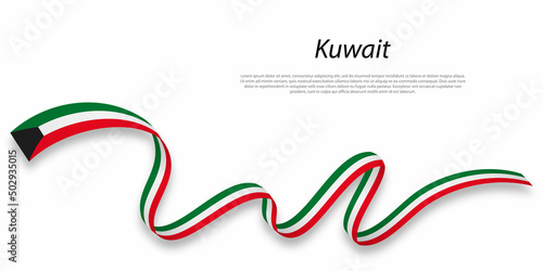 Waving ribbon or banner with flag of Kuwait.