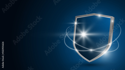 Protective shield on a dark background. Shine, glow. Security. 3d isolated vector
