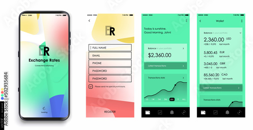 Design of a Mobile Application and Site, UI. Set of GUI Screens with Login and Password input, showing the Card, balance and payments interface. Vector Mockup