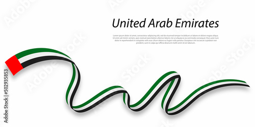 Waving ribbon or banner with flag of United Arab Emirates.