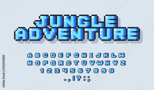 Pixel alphabet font. Retro 8-bit video game typeface design, blue oldschool typography logo letters. Vector illustration