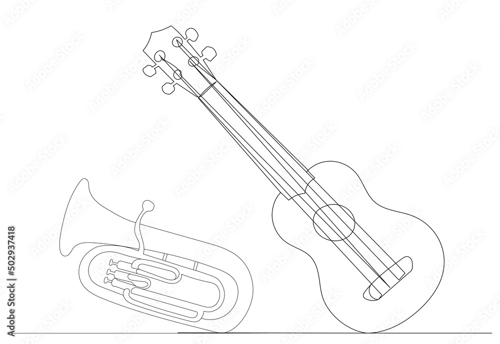 Obraz premium musical instruments one continuous line drawing, isolated, vector