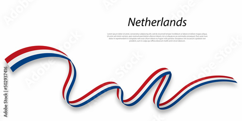 Waving ribbon or banner with flag of Netherlands.