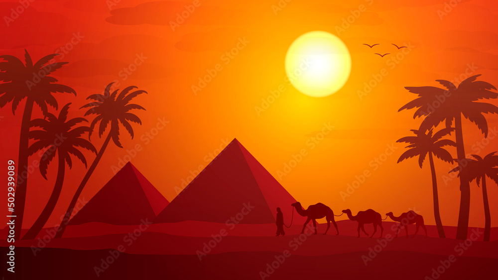 Sunset in the desert with the pyramids in background. Vector landscape. Man leading caravan of camels. Groups of palm trees along the edges. Sun leans towards the horizon.