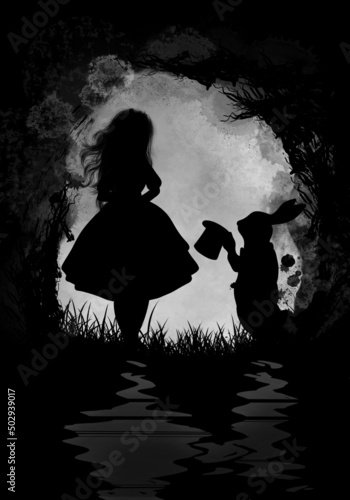 Billede på lærred Alice and White Rabbit. Grunge silhouette art