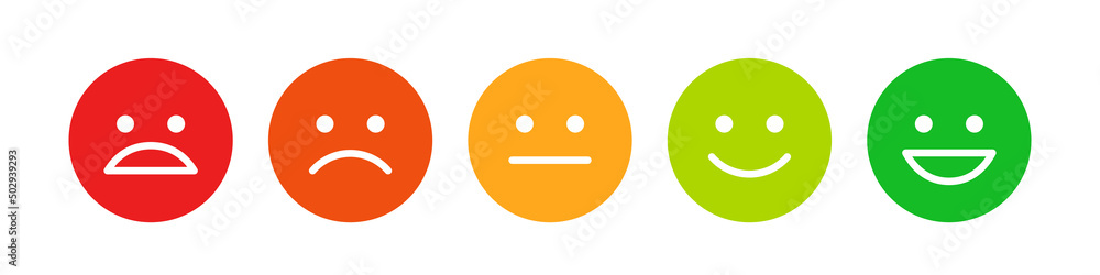 Rating scale or pain scale in the form of emoticons. From red to green smiley. Vector clipart isolated on white background. Flat smiley.
Rating scale or pain scale in the form of emoticons. From red to green smiley. Vector clipart isolated on white background. Flat smiley.