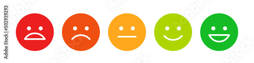 Rating scale or pain scale in the form of emoticons. From red to green smiley. Vector clipart isolated on white background. Flat smiley.	
