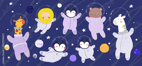 space vector clipart with cute animals, childish illustration