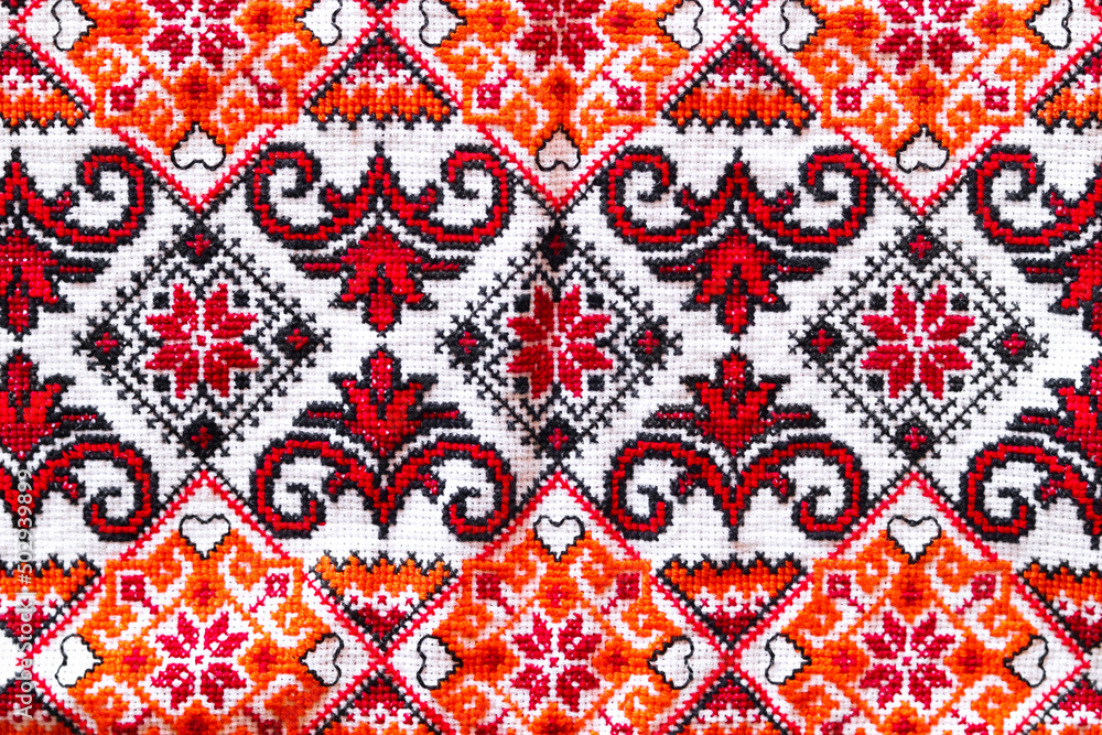 Embroidered ukrainian towel by cross-stitch pattern, ethnic ornament. Ukrainian folk embroidery Embroidered ukrainian towel by cross-stitch pattern, ethnic ornament. Ukrainian folk embroidery